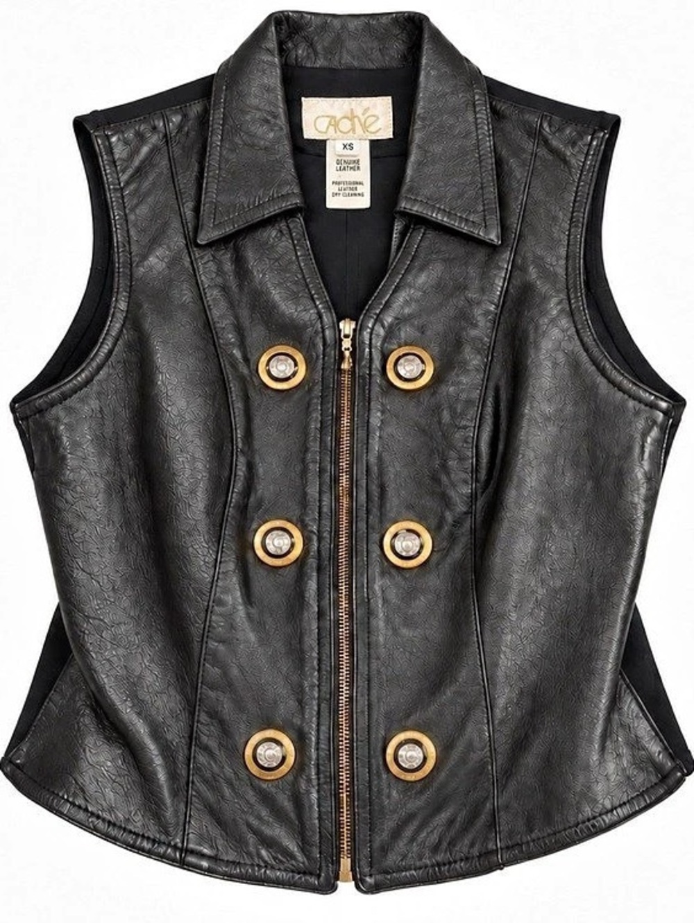 Vintage Caché Black Genuine Leather Vest XS Gold Button Detail Zip Front